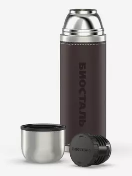 Термос для напитков Биосталь Охота 500 мл с кожаной вставкой, Коричневый