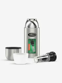 Термос для напитков Биосталь Охота 700 мл, 2 чашки, пробка с ситечком, Серебряный