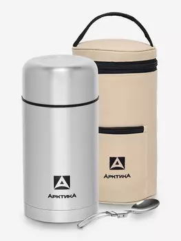 Термос с супер-широким горлом для супа и еды. Объем 1л. В комплекте вместительная крышка-тарелка, чехол , складная ложка. Пробка оснащена кнопкой для спуска давления для более легкого открывания., Серебряный