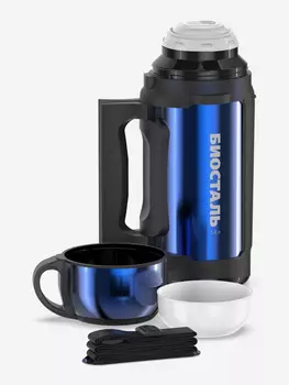 Термос универсальный Биосталь Авто 1400 мл, с ручкой и ремешком, Синий