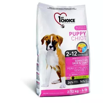1st Choice Puppy Sensitive Skin & Coat сухой корм для щенков с чувствительной кожей и для шерсти с ЯГНЕНКОМ, РЫБОЙ и рисом - 6 кг повседневный супер премиум для щенков с рыбой для всех пород мешок Импортный корм 1 уп. х 1 шт. х 6 кг