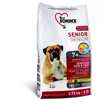 1st Choice Senior Sensitive Skin & Coat сухой корм для пожилых собак с чувствительной кожей и для шерсти с ЯГНЕНКОМ, РЫБОЙ и рисом - 2,72 кг повседневный супер премиум для пожилых с рыбой для всех пород мешок Импортный корм 1 уп. х 1 шт. х 2.72 кг