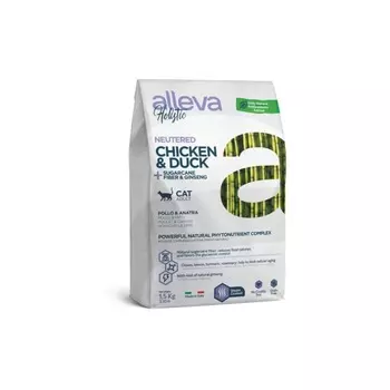 Alleva Holistic Cat Neutered сухой корм для кастрированных котов и стерилизованных кошек с КУРИЦЕЙ и УТКОЙ, волокнами сахарного тростника и женьшенем - 1,5 кг повседневный супер премиум беззерновые для взрослых с курицей для всех пород мешок Импортный корм 1 уп. х 1 шт. х 1.5 кг