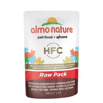 Almo Nature Classic Raw Pack Adult Cat Chicken Fillet with Ham влажный корм для кошек, с куриным филе и ветчиной 75% мяса, кусочки в бульоне, в паучах - 55 г повседневный супер премиум для взрослых с курицей паучи Импортный корм 1 уп. х 24 шт. х 1.32 кг
