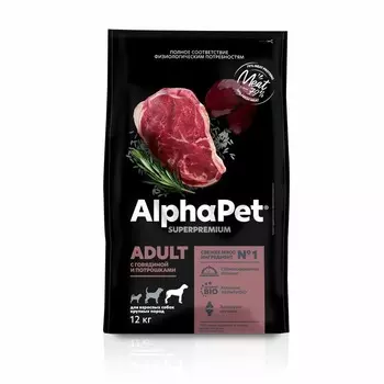 AlphaPet Superpremium сухой полнорационный корм для взрослых собак крупных пород с ГОВЯДИНОЙ и потрошками - 12 кг повседневный супер премиум для взрослых с говядиной породы крупного размера мешок Российский корм 1 уп. х 1 шт. х 12 кг