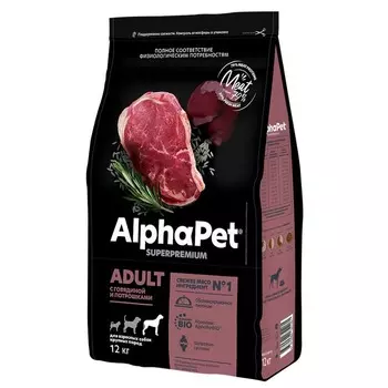 AlphaPet Superpremium сухой корм для взрослых собак средних пород, с ГОВЯДИНОЙ и потрошками - 12 кг повседневный супер премиум для взрослых с говядиной породы среднего размера мешок Российский корм 1 уп. х 1 шт. х 12 кг
