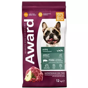 Award Hypo сухой корм для собак всех пород, со СВИНИНОЙ, брусникой, грушей и розмарином - 12 кг для всех пород мешок Российский корм 1 уп. х 1 шт. х 12 кг