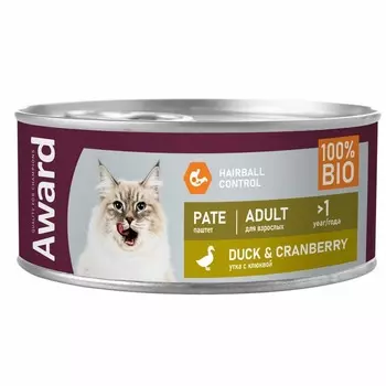 Award Pate Adult Duck & Cranberry влажный корм для кошек, с УТКОЙ и клюквой, в консервах - 100 г повседневный супер премиум безглютеновые для взрослых с уткой для всех пород консервы (в железной банке) Российский корм 1 уп. х 16 шт. х 1.6 кг