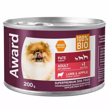 AWARD влажный корм для взрослых собак, паштет с ЯГНЕНКОМ и яблоком, в консервах - 200 г х 12 шт повседневный супер премиум безглютеновые для взрослых с ягненком для всех пород консервы (в железной банке) Российский корм 1 уп. х 12 шт. х 2.4 кг