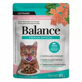 Balance Cat Sterilized влажный корм для стерилизованных кошек, полнорационный, с лососем и шпинатом, в соусе, в паучах - 85 г для кормления премиум холистики для взрослых с лососем для всех пород паучи Бразилия 1 уп. х 18 шт. х 1.53 кг