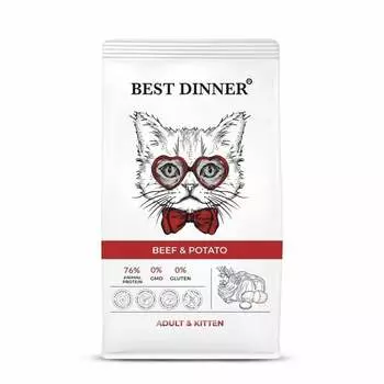 Best Dinner Adult & Kitten Beef & Potato сухой корм для котят с 1 месяца и взрослых кошек с говядиной и картофелем - 10 кг повседневный супер премиум для взрослых с говядиной для всех пород мешок Россия 1 уп. х 1 шт. х 10 кг