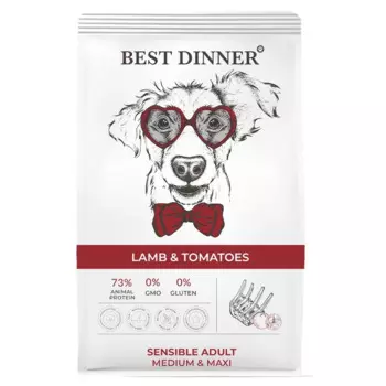 Best Dinner Adult Sensible Medium & Maxi Lamb & Tomatoes сухой корм для собак средних и крупных пород склонных к аллергии и проблемам с пищеварением с ЯГНЕНКОМ и томатами - 3 кг повседневный премиум для взрослых с ягненком породы крупного размера мешок Российский корм 1 уп. х 1 шт. х 3 кг