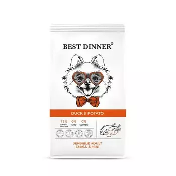 Best Dinner Adult Sensible Mini Duck & Potato сухой корм для собак мелких пород склонных к аллергии и проблемам с пищеварением с УТКОЙ и картофелем - 10 кг повседневный супер премиум для взрослых с уткой породы мелкого размера мешок Российский корм 1 уп. х 1 шт. х 10 кг