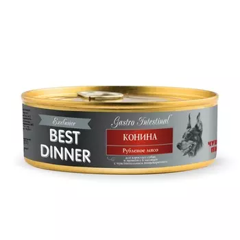 Best Dinner Exclusive Gastro Intestinal влажный корм для собак с чувствительным пищеварением, с КОНИНОЙ, фарш, в консервах - 100 г повседневный премиум для всех возрастов с кониной для всех пород консервы (в железной банке) Российский корм 1 уп. х 12 шт. х 1.2 кг