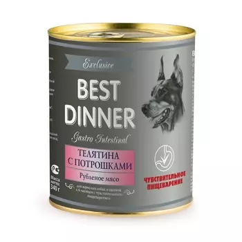 Best Dinner Exclusive Gastro Intestinal влажный корм для собак с чувствительным пищеварением, с ТЕЛЯТИНОЙ и потрошками, фарш ,в консервах - 340 г повседневный премиум для всех возрастов с телятиной для всех пород консервы (в железной банке) Российский корм 1 уп. х 6 шт. х 2.04 кг