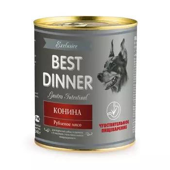 Best Dinner Exclusive Gastro Intestinal влажный корм для собак с чувствительным пищеварением, с КОНИНОЙ, фарш, в консервах - 340 г повседневный премиум для всех возрастов с кониной для всех пород консервы (в железной банке) Российский корм 1 уп. х 12 шт. х 4.08 кг