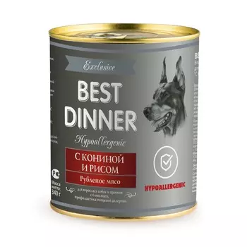 Best Dinner Exclusive Hypoallergenic влажный корм для собак и щенков при пищевой аллергии, гипоаллергенный, с КОНИНОЙ и рисом, фарш, в консервах - 340 г повседневный премиум для всех возрастов с рисом для всех пород консервы (в железной банке) Российский корм 1 уп. х 6 шт. х 2.04 кг