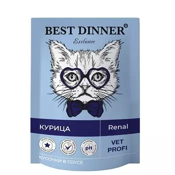 Best Dinner Exclusive Vet Profi Renal полнорационный влажный корм для кошек, для профилактики заболеваний почек, с КУРИЦЕЙ, кусочки в соусе, в паучах - 85 г ветеринарный супер премиум для всех возрастов с курицей для всех пород паучи Российский корм 1 уп. х 24 шт. х 2.04 кг