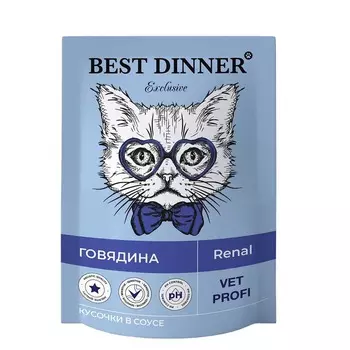 Best Dinner Exclusive Vet Profi Renal полнорационный влажный корм для кошек, для профилактики заболеваний почек, с ГОВЯДИНОЙ, кусочки в соусе, в паучах - 85 г ветеринарный супер премиум для всех возрастов с говядиной для всех пород паучи Российский корм 1 уп. х 24 шт. х 2.04 кг