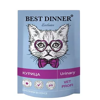 Best Dinner Exclusive Vet Profi Urinary полнорационный влажный корм для кошек, для профилактики мочекаменной болезни (МКБ), с КУРИЦЕЙ, кусочки в соусе, в паучах - 85 г ветеринарный супер премиум для всех возрастов с курицей для всех пород паучи Российский корм 1 уп. х 24 шт. х 2.04 кг