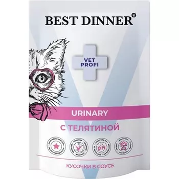 Best Dinner Exclusive Vet Profi Urinary влажный корм для кошек, с ТЕЛЯТИНОЙ, кусочки в соусе, в паучах - 85 г премиум для всех возрастов с телятиной для всех пород паучи Российский корм 1 уп. х 24 шт. х 2.04 кг