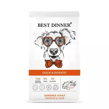 Best Dinner Sensible Adult Medium & Maxi полнорационный сухой корм для собак средних и крупных пород, склонных к аллергии и проблемам с пищеварением, с УТКОЙ и картофелем - 12 кг повседневный супер премиум для взрослых с уткой породы крупного размера мешок Российский корм 1 уп. х 1 шт. х 12 кг