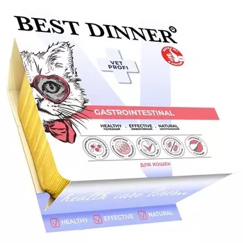 Best Dinner Vet Profi Gastrointestinal влажный корм для кошек, с КУРИЦЕЙ, паштет, в ламистерах - 100 г ветеринарный супер премиум для взрослых с курицей для всех пород паштет и ламистеры Российский корм 1 уп. х 14 шт. х 1.4 кг