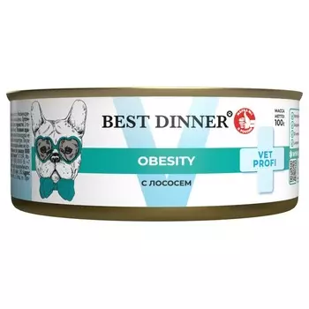 Best Dinner Vet Profi Obesity влажный корм для собак, с ЛОСОСЕМ, в консервах - 100 г ветеринарный супер премиум для взрослых для всех пород консервы (в железной банке) Российский корм 1 уп. х 12 шт. х 1.2 кг