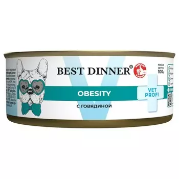 Best Dinner Vet Profi Obesity влажный корм для собак, с ГОВЯДИНОЙ, в консервах - 100 г ветеринарный супер премиум для взрослых с говядиной для всех пород консервы (в железной банке) Российский корм 1 уп. х 12 шт. х 1.2 кг