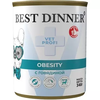 Best Dinner Vet Profi Obesity влажный корм для собак, с ГОВЯДИНОЙ, в консервах - 340 г ветеринарный супер премиум для взрослых с говядиной для всех пород консервы (в железной банке) Российский корм 1 уп. х 12 шт. х 4.08 кг