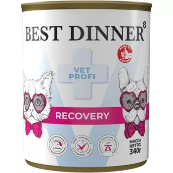 Best Dinner Vet Profi Recovery влажный корм для кошек и собак, в консервах - 340 г ветеринарный супер премиум для взрослых для всех пород консервы (в железной банке) Российский корм 1 уп. х 12 шт. х 4.08 кг
