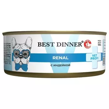 Best Dinner Vet Profi Renal для собак, с ИНДЕЙКОЙ, в консервах - 100 г ветеринарный супер премиум для взрослых для всех пород консервы (в железной банке) Российский корм 1 уп. х 12 шт. х 1.2 кг