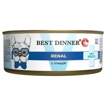 Best Dinner Vet Profi Renal влажный корм для собак, с ПТИЦЕЙ, в консервах - 100 г ветеринарный супер премиум для взрослых для всех пород консервы (в железной банке) Российский корм 1 уп. х 12 шт. х 1.2 кг