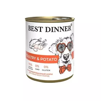 Best Dinner влажный корм для щенков и собакr, с ПТИЦЕЙ и картофелем, в консервах - 850 г премиум для всех возрастов с птицей для всех пород консервы (в железной банке) Российский корм 1 уп. х 6 шт. х 5.1 кг