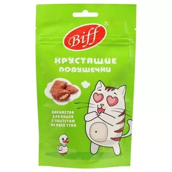 Biff лакомства для кошек, хрустящие подушечки с паштетом из утки - 60 г для взрослых с уткой для всех пород Россия 1 уп. х 1 шт. х 0.06 кг