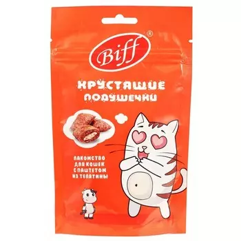 Biff лакомства для кошек, хрустящие подушечки с паштетом из телятины - 60 г для взрослых с телятиной для всех пород Россия 1 уп. х 1 шт. х 0.06 кг
