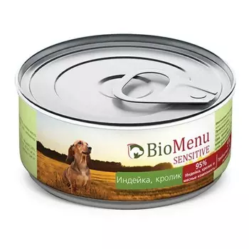 BioMenu Sensitive влажный корм для собак, с ИНДЕЙКОЙ и КРОЛИКОМ, в консервах - 100 г повседневный супер премиум монобелковый с индейкой консервы (в железной банке) Российский корм 1 уп. х 24 шт. х 2.4 кг
