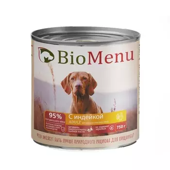 BioMenu влажный корм для собак, с ИНДЕЙКОЙ, в консервах - 750 г повседневный супер премиум монобелковый с индейкой консервы (в железной банке) Российский корм 1 уп. х 12 шт. х 9 кг