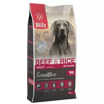 Blitz Adult Sensitive сухой корм для собак, с говядиной и рисом - 15 кг супер премиум без курицы для взрослых с говядиной для всех пород мешок Российский корм 1 уп. х 1 шт. х 15 кг