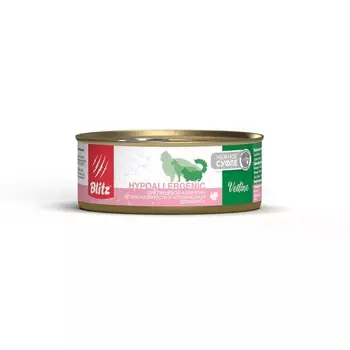 Blitz Cat Vetline Hypoallergenic влажный корм для кошек, в консервах - 100 г ветеринарный супер премиум для взрослых с индейкой для всех пород консервы (в железной банке) Российский корм 1 уп. х 16 шт. х 1.6 кг