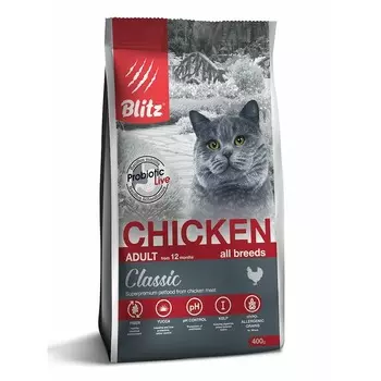 Blitz Classic Adult Cats Chicken полнорационный сухой корм для кошек, с курицей - 400 г повседневный супер премиум для взрослых с курицей мешок Российский корм 1 уп. х 1 шт. х 0.4 кг