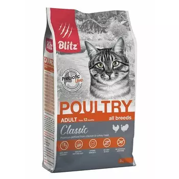 Blitz Classic Adult Cats Poultry полнорационный сухой корм для кошек, с домашней птицей - 2 кг повседневный для взрослых для всех пород мешок Российский корм 1 уп. х 1 шт. х 2 кг