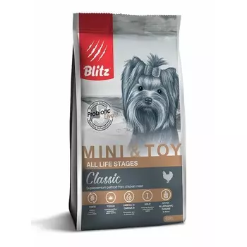 Blitz Classic Adult Mini & Toy полнорационный сухой корм для собак миниатюрных и мелких пород, с курицей - 500 г повседневный супер премиум для взрослых с курицей породы мелкого размера мешок Российский корм 1 уп. х 1 шт. х 0.5 кг