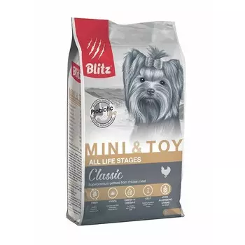 Blitz Classic Adult Mini & Toy полнорационный сухой корм для собак миниатюрных и мелких пород, с курицей - 2 кг повседневный супер премиум для взрослых с курицей породы мелкого размера мешок Российский корм 1 уп. х 1 шт. х 2 кг