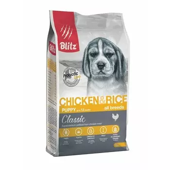 Blitz Classic Puppy Chicken & Rice полнорационный сухой корм для щенков и юниоров, с курицей и рисом - 2 кг повседневный супер премиум для щенков с рисом для всех пород мешок Российский корм 1 уп. х 1 шт. х 2 кг