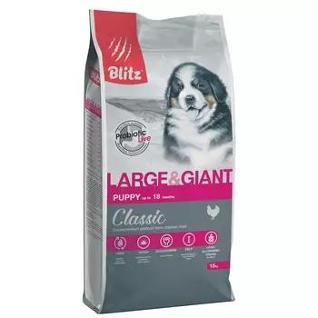 Blitz Classic Puppy Large & Giant Breeds полнорационный сухой корм для щенков крупных и гигантских пород, с курицей повседневный супер премиум для щенков с курицей породы крупного размера мешок Российский корм 1 уп. х 1 шт. х 15 кг
