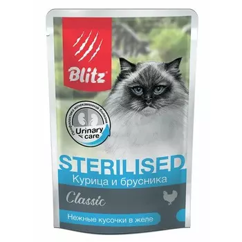 Blitz Classic Sterilised Cat Adult полнорационный влажный корм для стерилизованных кошек, с курицей и брусникой, кусочки в желе, в паучах - 85 г повседневный супер премиум для взрослых с брусникой паучи Российский корм 1 уп. х 24 шт. х 2.04 кг
