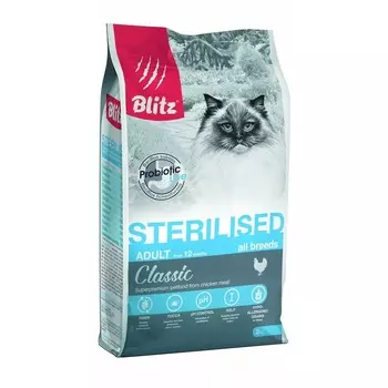 Blitz Classic Sterilised Cat Chicken полнорационный сухой корм для стерилизованных кошек, с курицей - 2 кг повседневный супер премиум холистики для всех возрастов с курицей для всех пород мешок Российский корм 1 уп. х 1 шт. х 2 кг