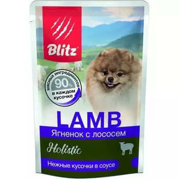 Blitz Holistic Lamb полнорационный влажный корм для собак мелких пород, с ягненком и лососем, кусочки в соусе, в паучах - 85 г повседневный супер премиум холистики для всех возрастов с ягненком породы мелкого размера паучи Российский корм 1 уп. х 24 шт. х 2.04 кг