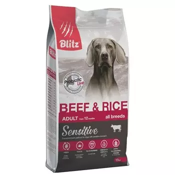 Blitz Sensitive Adult Beef & Rice полнорационный сухой корм для собак, с говядиной и рисом - 15 кг повседневный для всех возрастов с курицей для всех пород мешок Россия 1 уп. х 1 шт. х 15 кг